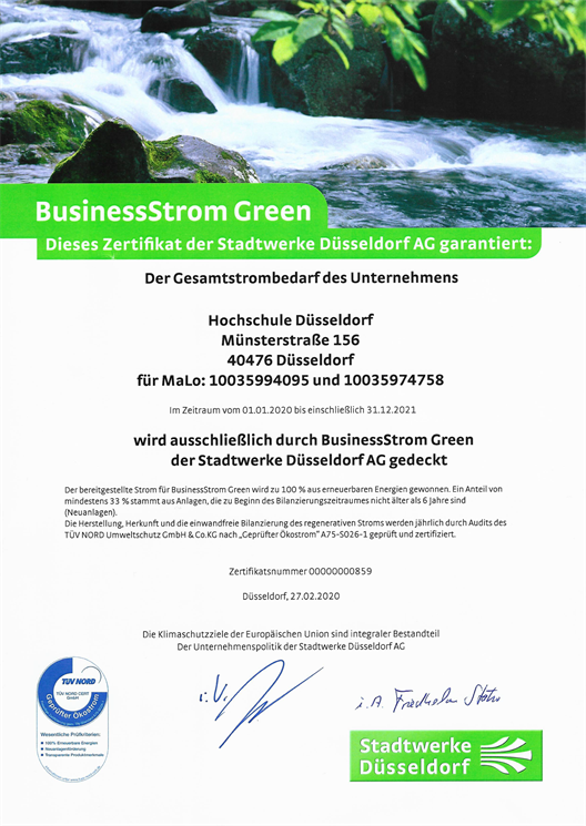 Zertifikat der Stadtwerke Düsseldorf, welches der Hochschule Düsseldorf bescheinigt, 100% Ökostrom zu nutzen. 
