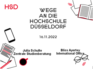 Titelfolie der umfangreichen Präsentation vom Austausch mit ukarinischen Schüler*innen. Darauf ist zu lesen: "Wege an die Hochschule Düsseldorf".
