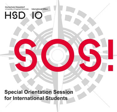 Logo der HSD und des IO oben links in schwarz. Grau im Hintergrund ein großer Kompass. Darüber in rot SOS! Unten links in schwarz: Special Orientation Session for International Students