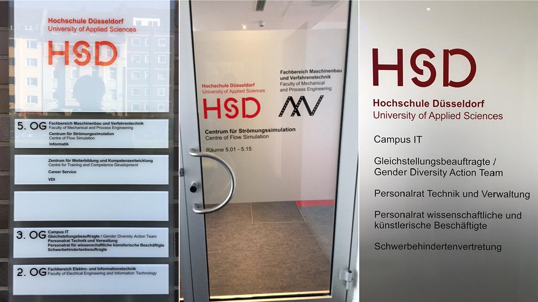 Collage von Gebäude 10 der Hochschule Düsseldorf. Im Forum Derendorf werden Räume für verschiedene wissenschaftliche Bereiche und die Verwaltung angemietet.