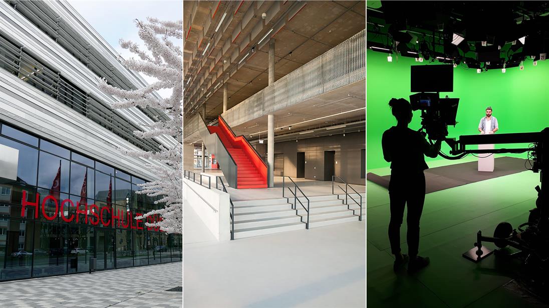 Collage von Gebäude 4 der Hochschule Düsseldorf mit dem Audimax und dem Fachbereichen Medien