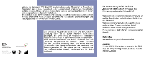Vergessene Opfer? (K)eine Frage der Wahrnehmung (19.3.2020)
Podiumsdiskussion mit Kutlu Yurtseven, Ceren Türkmen und Heike Kleffner