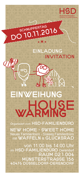 Plakat zur Einladung zur Einweihungsfeier der neuen Räumlichkeiten des Familienbüros an der Hochschule Düsseldorf