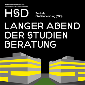 The graphic shows two university buildings with illuminated windows. The background is black. Above it is written large "Long Evening of Student Counseling".