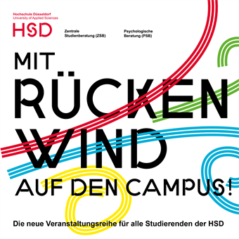 Auf der Grafik ist groß der Veranstaltungstitel zu lesen: "Mit Rückenwind auf den Campus". Dazwischen ist mit gestrichelten Linien in bunten Farben Wind angedeutet, der sich durch die Buchstaben schlämgelt.