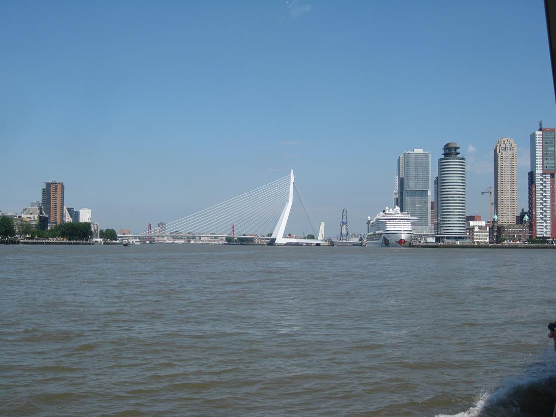 Skyline von Rotterdam vom Hafen aus gesehen mit der berühmten Erasmus-Brücke