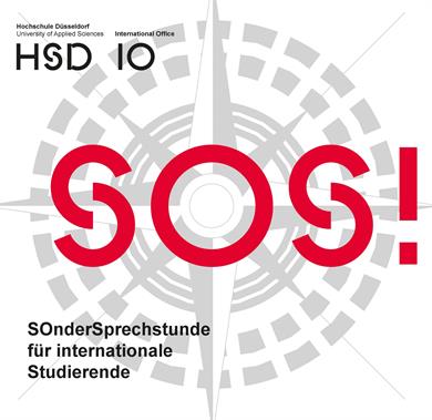 Logo der HSD und des IO oben links in schwarz. Grau im Hintergrund ein großer Kompass. Darüber in rot SOS! Unten links in schwarz: Sondersprechstunde für Internationale Studierende